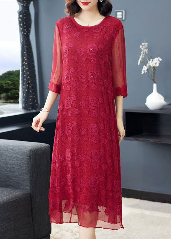 Plus Size Red O-Neck Embroidered Silk Dresses Long Sleeve