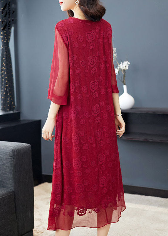 Plus Size Red O-Neck Bestickte Seidenkleider mit langen Ärmeln