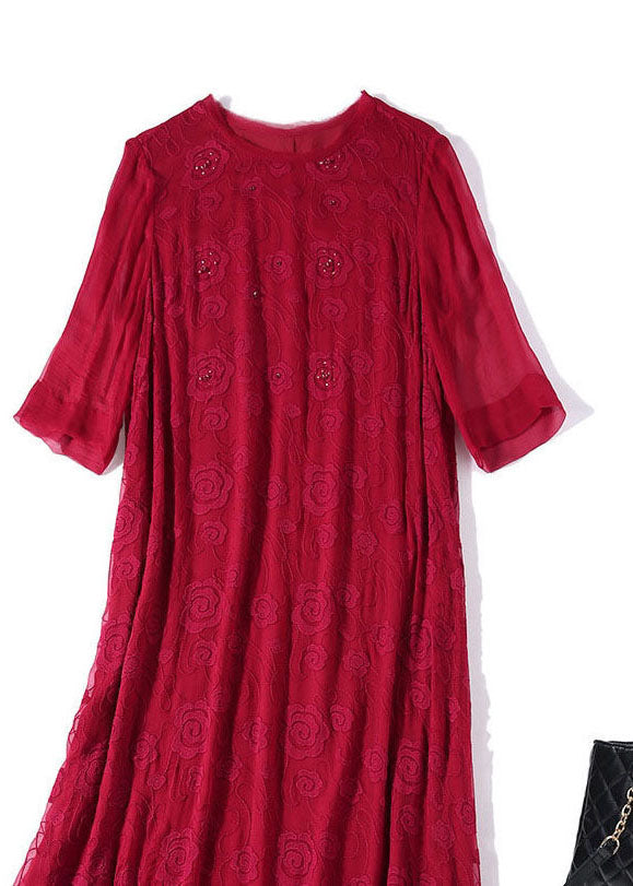 Plus Size Red O-Neck Bestickte Seidenkleider mit langen Ärmeln