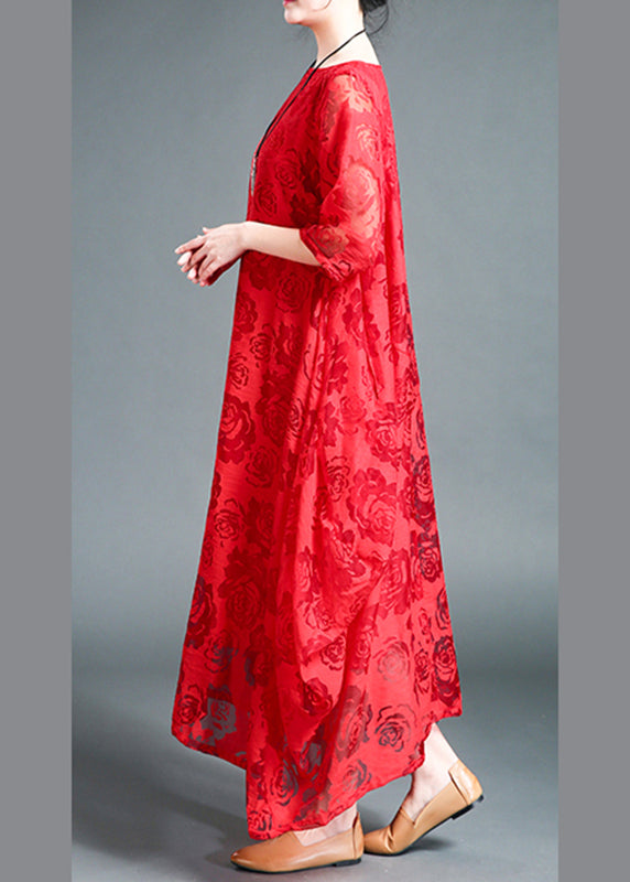 Plus Size Red O-Neck Lace Holiday Maxi Dress Summer