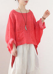 Plus Size Red O-Neck Linen Pullover Sweatshirt Batwing Sleeve