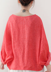 Plus Size Red O-Neck Linen Pullover Sweatshirt Batwing Sleeve