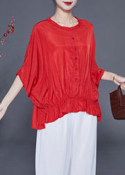 Plus Size Red O-Neck Oversized Wrinkled Silk Blouses Batwing Sleeve