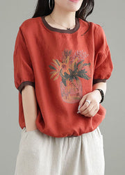 Plus Size Red O-Neck Patchwork Print Linen Tank Short Sleeve