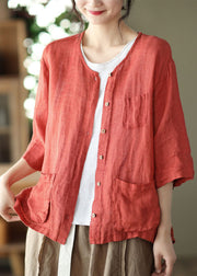 Plus Size Red O-Neck Pockets Linen Loose Cardigans Half Sleeve