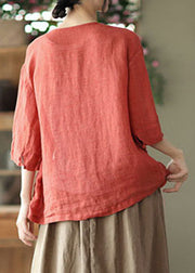 Plus Size Red O-Neck Pockets Linen Loose Cardigans Half Sleeve