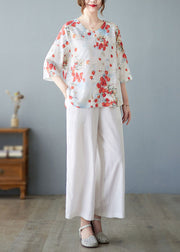 Plus Size Red O-Neck Print Linen Tops And Straight Pants Two Pieces Set Summer