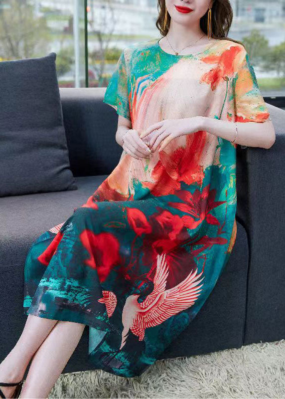 Plus Size Red O Neck Print Patchwork Chiffon Dresses Summer