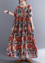 Plus Size Red O-Neck Print Patchwork Cotton Long Dresses Summer
