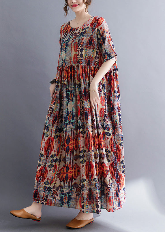 Plus Size Red O-Neck Print Patchwork Cotton Long Dresses Summer