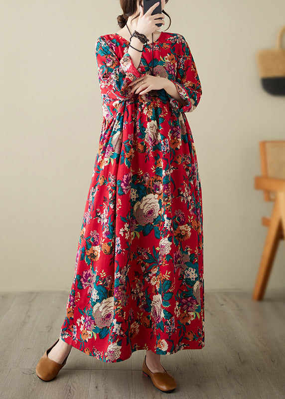 Plus Size Red O-Neck Print Patchwork Long Dress Long Sleeve