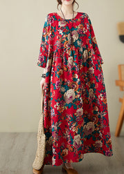 Plus Size Red O-Neck Print Patchwork Long Dress Long Sleeve
