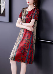 Plus Size Red O-Neck Print Slim Fit Silk Mid Dress Summer
