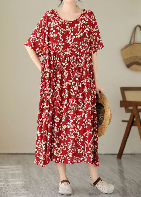 Plus Size Red O Neck Print Wrinkled Patchwork Chiffon Dresses Summer