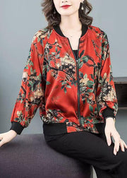 Plus Size Red O-Neck Print Zippered Patchwork Silk Jacket Spring