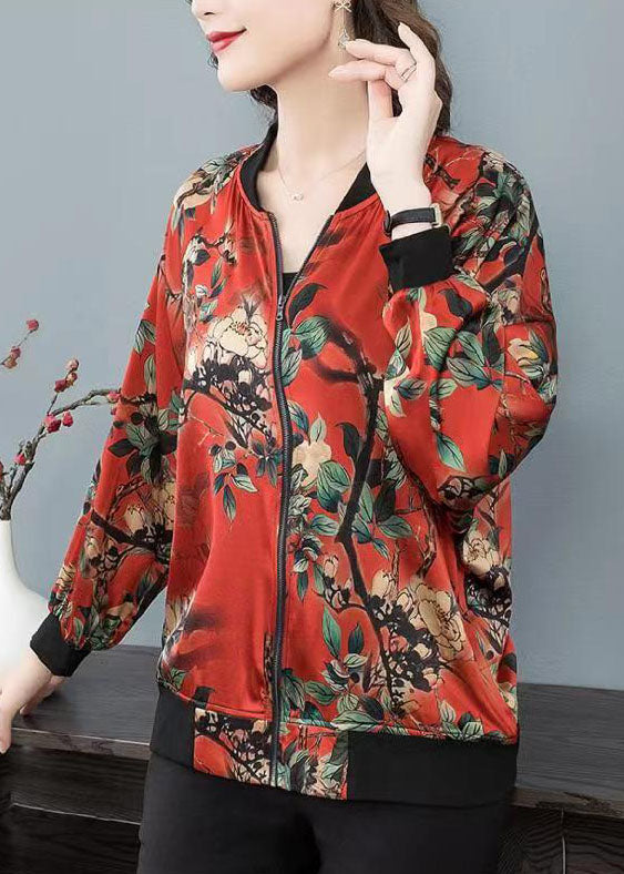 Plus Size Red O-Neck Print Zippered Patchwork Silk Jacket Spring