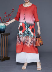 Plus Size Red O-Neck Sun Flower Print Silk Dresses Half Sleeve