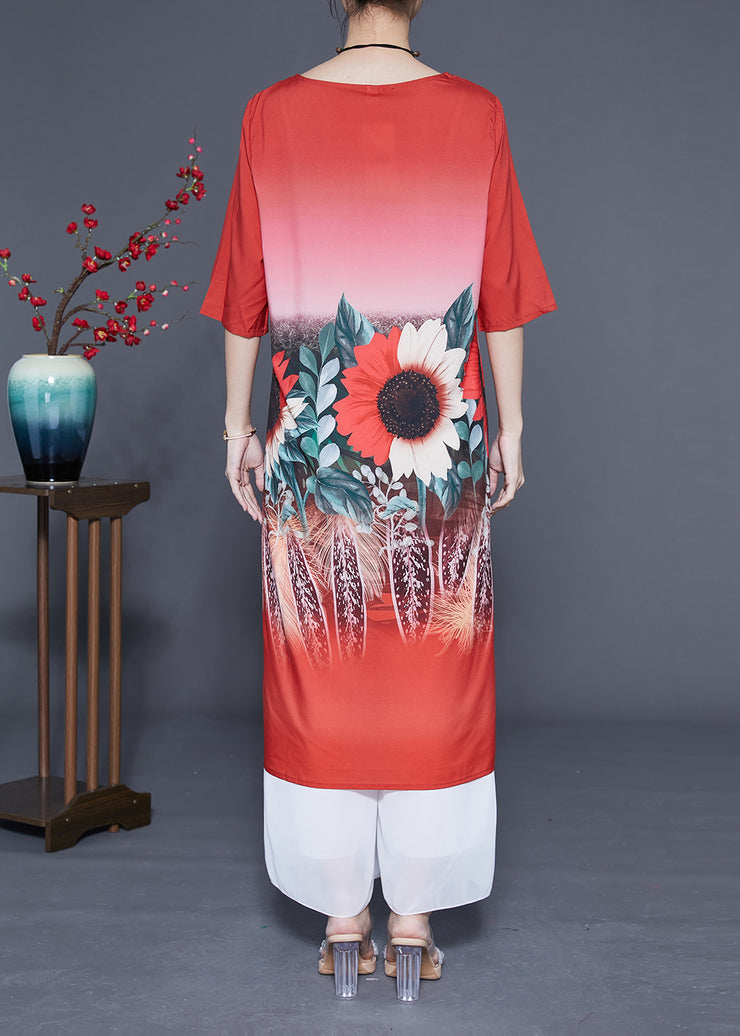 Plus Size Red O-Neck Sun Flower Print Silk Dresses Half Sleeve