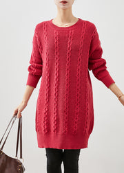 Plus Size Red O-Neck Warm Cable Knit Dress Winter