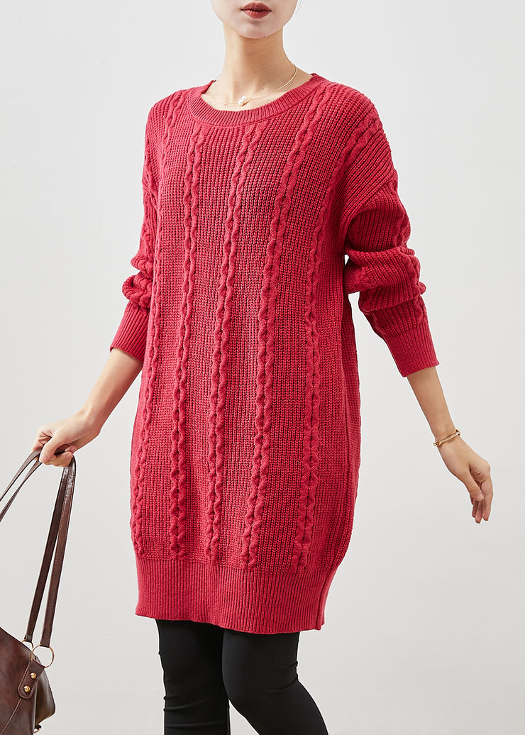 Plus Size Red O-Neck Warm Cable Knit Dress Winter