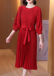 Plus Size Red O-Neck Wrinkled Maxi Dress Lantern Sleeve