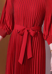 Plus Size Red O-Neck Wrinkled Maxi Dress Lantern Sleeve