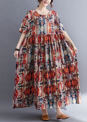 Plus Size Red O Neck Wrinkled Print Patchwork Cotton Dresses Summer