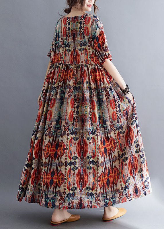 Plus Size Red O Neck Wrinkled Print Patchwork Cotton Dresses Summer