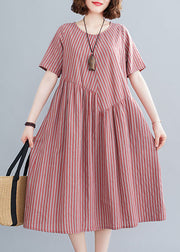 Plus Size Red O-Neck Knitted Striped Pockets Cotton Long Dress Short Sleeve