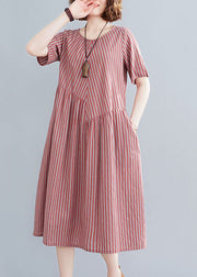 Plus Size Red O-Neck Wrinkled Striped Pockets Cotton Long Dress Short Sleeve