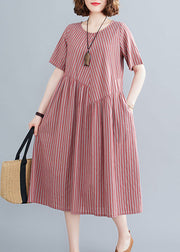 Plus Size Red O-Neck Knitted Striped Pockets Cotton Long Dress Short Sleeve