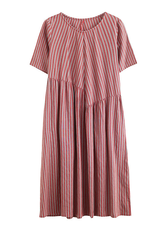 Plus Size Red O-Neck Wrinkled Striped Pockets Cotton Long Dress Short Sleeve