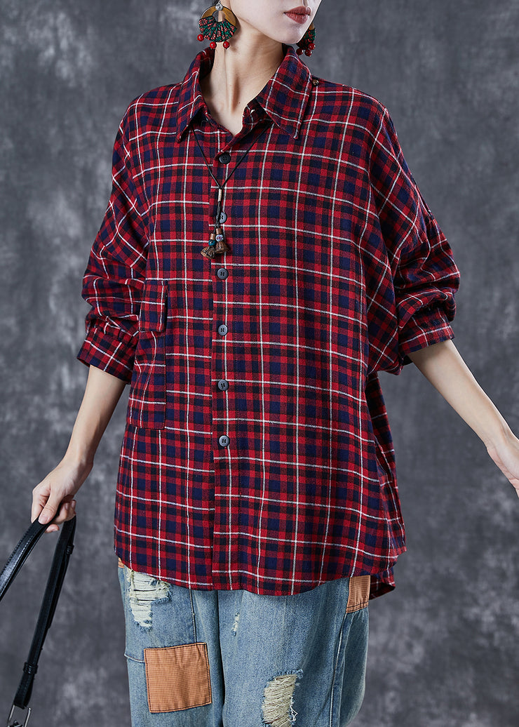 Plus Size Red Oversized Plaid Cotton Shirt Tops Fall