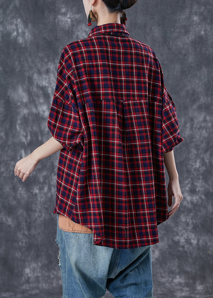 Plus Size Red Oversized Plaid Cotton Shirt Tops Fall