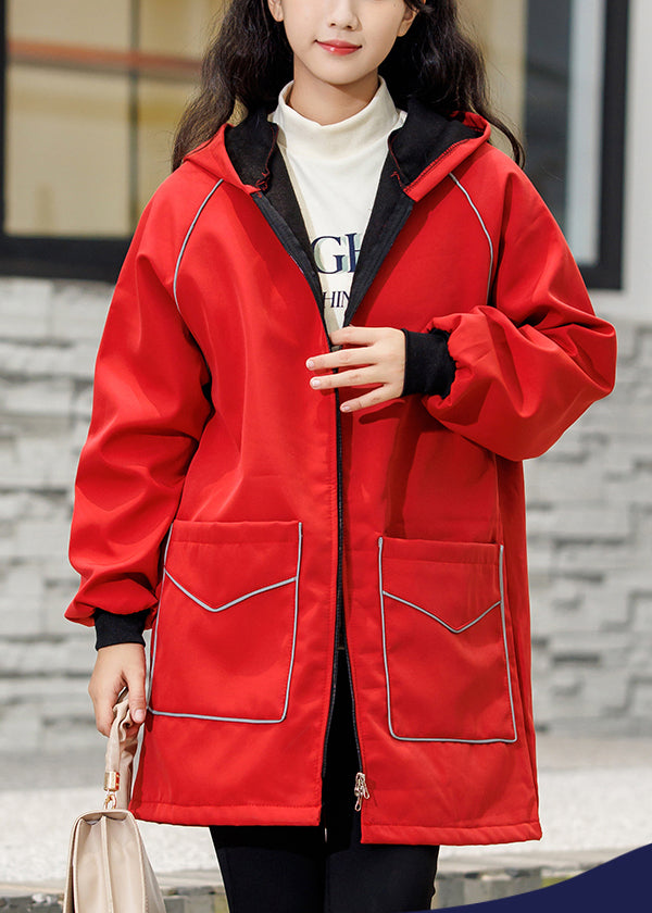 Plus Size Red Oversized Pockets Warm Fleece Trench Winter