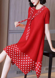Plus Size Red Patchwork Dot A Line Mid Summer Dress - SooLinen