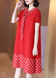 Plus Size Red Patchwork Dot A Line Mid Summer Dress - SooLinen