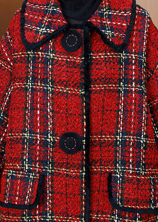 Plus Size Red Peter Pan Collar Pockets Plaid Woolen Coats Winter