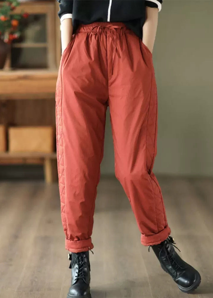 Plus Size Red Pockets Patchwork Fine Cotton Filled Pants Winter
