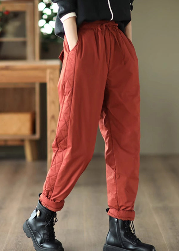 Plus Size Red Pockets Patchwork Fine Cotton Filled Pants Winter