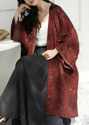 Plus Size Red Pockets Print Patchwork Linen Cardigans Fall