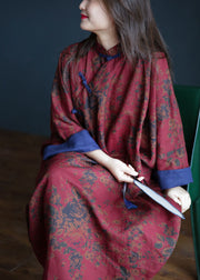 Plus Size Red Print Chinese Style Cotton Long Dress Spring