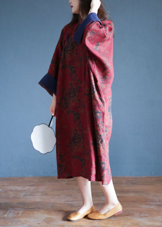 Plus Size Red Print Chinese Style Cotton Long Dress Spring
