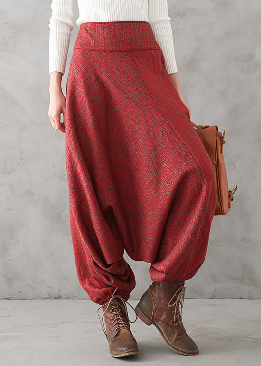 Plus Size Red Print High Waist Thick Wide Leg Pants Fall