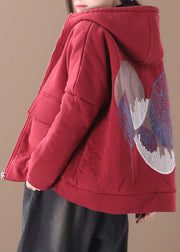 Plus Size Red Print Hooded Fine Cotton Filled Witner Coat Winter
