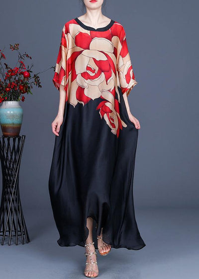 Plus Size Red Print O-Neck Silk Summer Two Pieces Set Dress - SooLinen