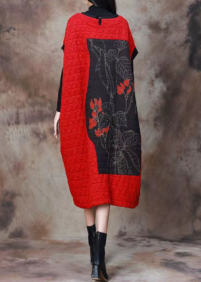 Plus Size Red Print Patchwork Cotton Filled Dresses Long Sleeve