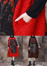Plus Size Red Print Patchwork Cotton Filled Dresses Long Sleeve