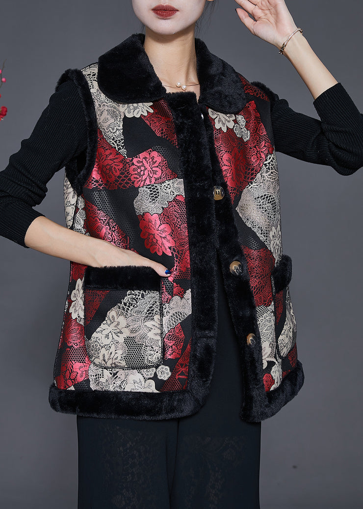 Plus Size Red Print Thick Fine Cotton Filled Vests Winter