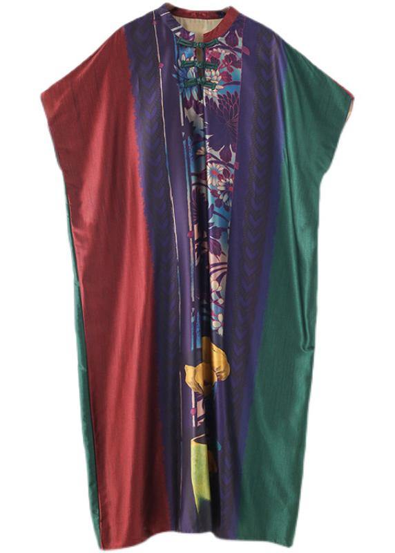 Plus Size Red Purple Green Print Batwing Sleeve Mid Summer Chiffon Dress - SooLinen